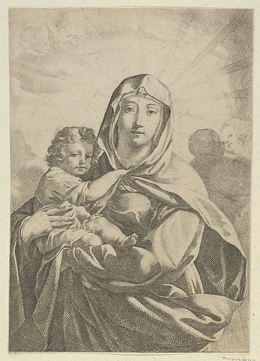 The Virgin standing facing front and holding the infant Christ, angels behind them in the clouds