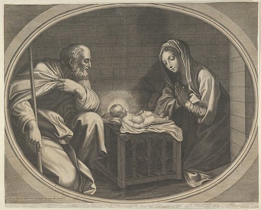 The Virgin kneeling in prayer before the infant Christ who is lying on a wooden box, Saint Joseph at left, a mule at right, in an oval frame, after Reni