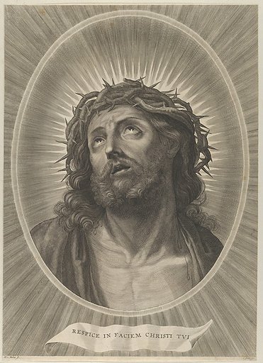 Head of Christ looking up with crown of thorns, in an oval frame, after Reni