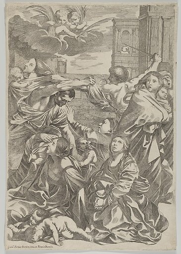 Massacre of the Innocents; group of women and children being attacked, two angels at upper left, after Reni