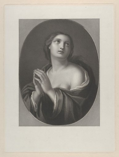 Female personification of Hope looking up with hands held together and left shoulder exposed, in an oval frame, after Reni