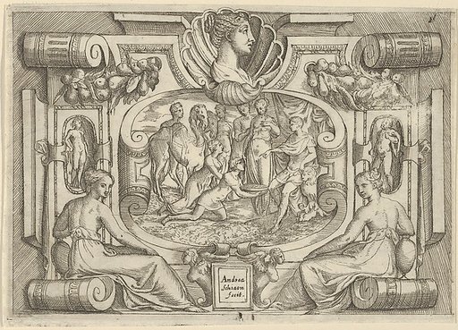 A man and woman offering a platter of coins to a king seated on a throne, set within an elaborate frame