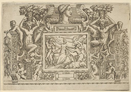 Woman seated with arms outstretched, personification of Fame with trumpet at right, set within an elaborate frame
