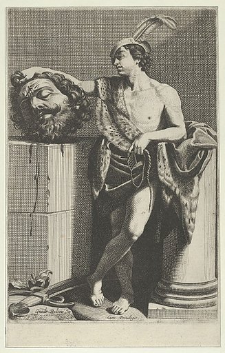 David standing with crossed legs and holding the head of Goliath on a pedestal at left, a sword on the ground, after Reni