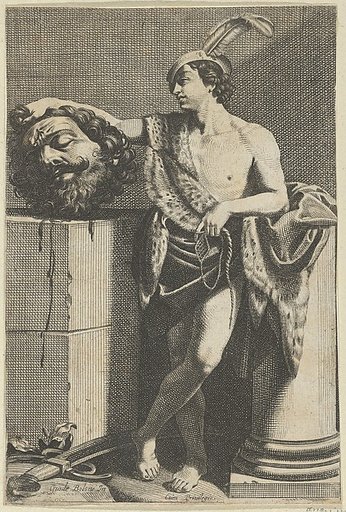 David standing with crossed legs and holding the head of Goliath on a pedestal at left, a sword on the ground, after Reni