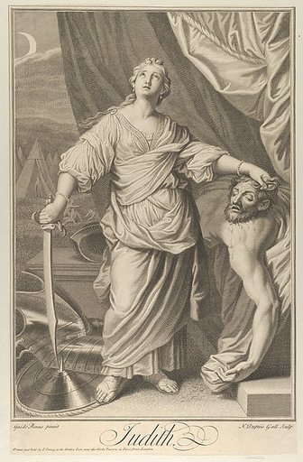 Judith standing and looking up, holding the head of Holofernes in her left hand and a sword in her right, tents in the background, after Reni