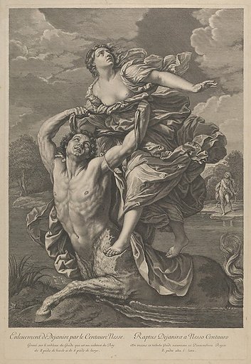 Dejanira being abducted by the centaur Nessos, a man with bow and arrow at right, after Reni