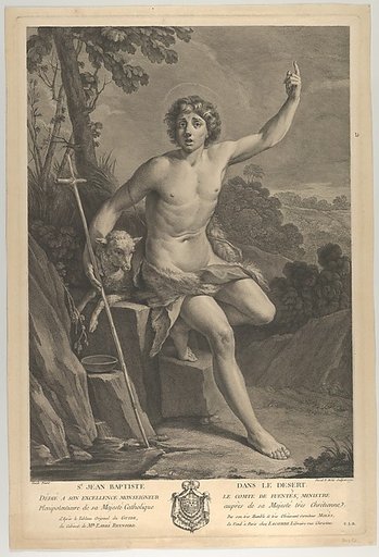 Saint John the Baptist in the desert, seated on a rock and pointing upward with his left hand, a lamb at his right