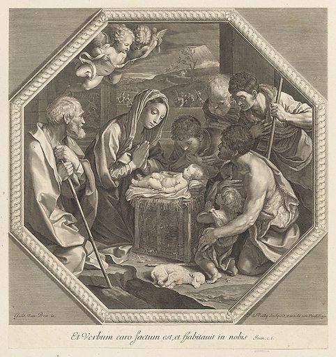 The adoration of the shepherds who kneel together at right before the infant Christ, the Virgin and Saint Joseph at left, two angels above, in an octagonal frame, after Reni