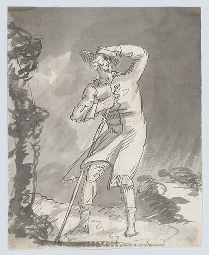 Male with a staff in a storm (recto). Anatomical studies of a foot (verso)
