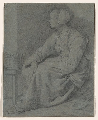 A Woman Seated Near a Basket on a Stool