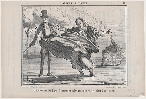 Inconvénient des jupons à ressort en acier, quand ce ressort vient à se casser, from "Croquis Parisiens"