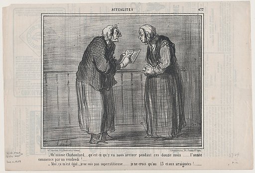 Oh! mame Chaboulard,... qu'est ce qu'y va nous arriver pendant ces douze mois..., from "Actualités"