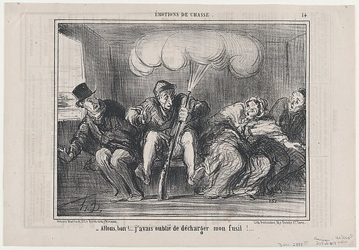 Allons bon!..... j'avais oublié de décharger mon fusil!...., from Émotions de Chasse, published in Le Charivari, February 21, 1858
