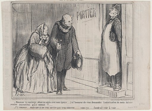 Monsieur le concierge, allant en soirée avec mon épouse..., from Les Portiers de Paris, published in Le Charivari, November 30, 1858