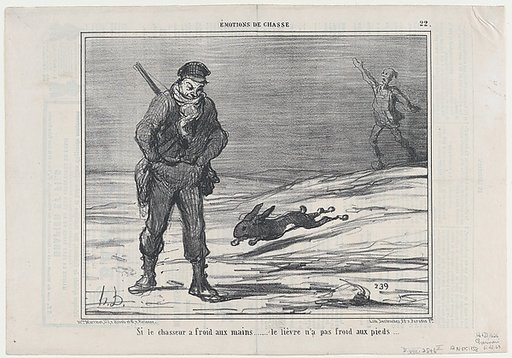 Si le chassuer a froid aux mains..... le lièvre n'a pas froid aux pieds..., from Émotions de Chasse, published in Le Charivari, November 12, 1858