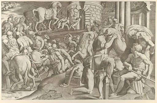 The Trojans hauling the wooden horse into Troy