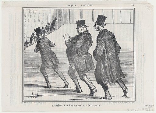 L'arrivée à la bourse, un jour de hausse, from Croquis Parisiens, published in Le Charivari, September 18, 1858