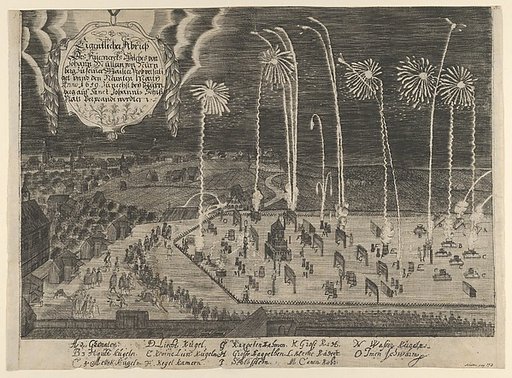 A faithful representation of the fireworks display presented by Johann Müller as proof of his Mastership, Johannis Schiessplatz, Nuremberg, 1659