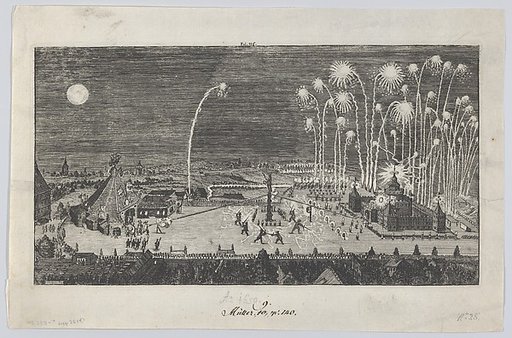 Fireworks display celebrating the end of the Thirty Years War, Nuremberg, 1650