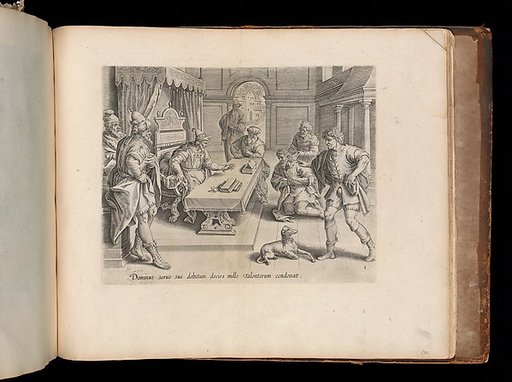 The King Cancelling his Servant's Debt, from the Parable of the Unmerciful Servant, bound in "Thesaurus Sacrarum historiarum Veteris et Novi Testamenti"