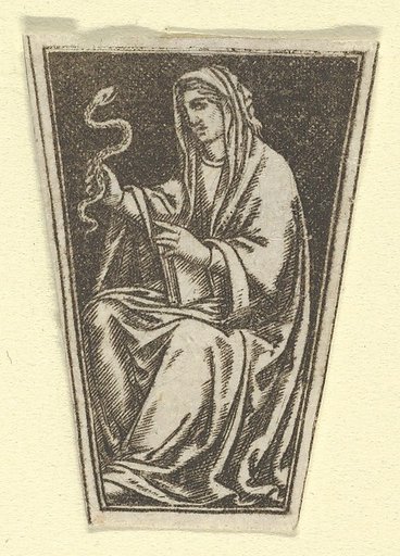 The cardinal virtue of Prudence represented by a seated woman holding a snake in her right hand  (possibly a modern impression)