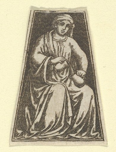 The cardinal virtue of Temperance represented by a seated woman pouring wine(?) from one jug into another  (possibly a modern impression)