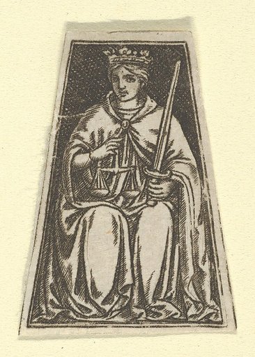 The cardinal virtue of Justice represented by a seated woman holding a pair of scales and a sword (possibly a modern impression)