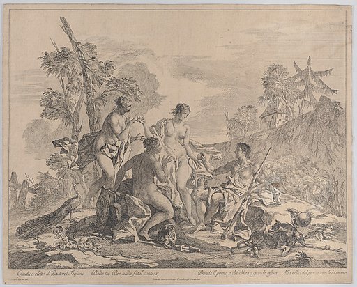 The shepherd Paris sitting on the right, holding a staff and handing an apple to Venus accompanied by two nymphs