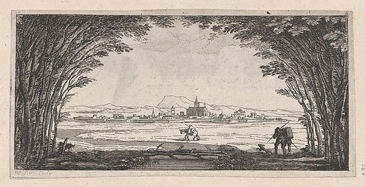 View of a town with man and dog
