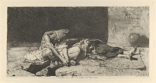 An Arabic man keeping watch over the dead body of his friend