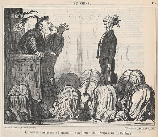 L'envoyé américain obtenant une audience de l'Empereur de la Chine...., from En Chine, published in Le Charivari, October 21, 1859