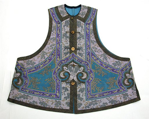 Sleeveless Jacket with Flowering Vine Pattern and Bands