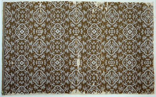 Textile fragment with peaches, plums, birds, bats and deer