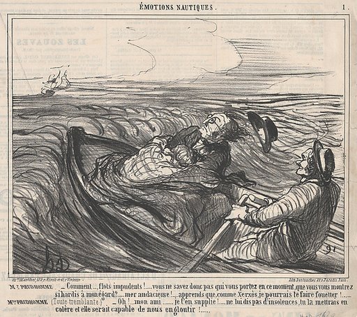 Comment..., flots impudents!... vous ne savez donc pas qui vous portez en ce moment,...., from Émotions Nautiques, published in Le Charivari, October 26, 1859
