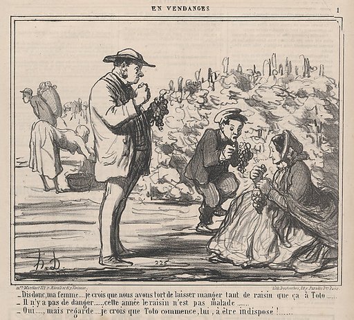 Dis-donc, ma femme.... je crois que nous avons tort de laisser manger tant de raisin que ça à Toto ....., from En Vendanges, published in Le Charivari, September 21, 1859
