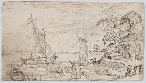 Riverscape with Two Sailboats and Several Figures; verso: A Mountainous Landscape near a River with a Horse-Drawn Barge and Several Figures