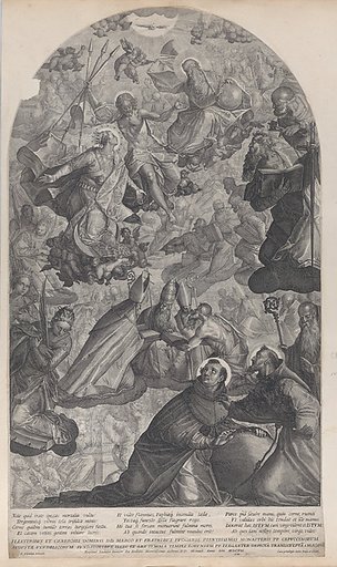 The vision of Saint Dominic, with God the Father and Christ at top center, the Virgin standing below on the crescent moon, and Saint Francis of Assisi and Saint Dominic in the foreground