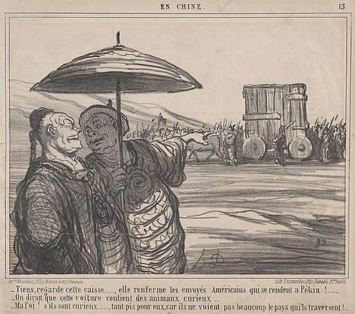 Tiens, regarde cette caisse...., elle renferme les envoyés Américains qui se rendent a Pékin!...., from En Chine, published in Le Charivari, October 4, 1859