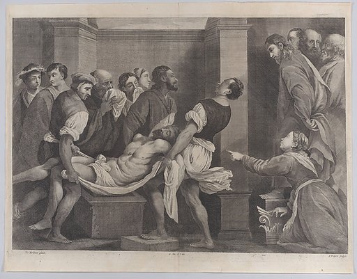 The raising of Lazarus, who is carried by three men at left, while his sister and Christ look on at right; from "Theatrum Pictorium"