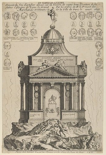 Fireworks celebrating the erection of the Temple of Glory and equestrian statue of Louis le Grand, Paris 1699