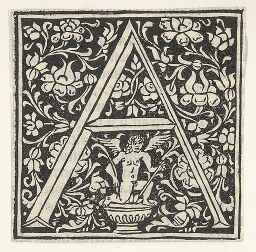 Initial letter A with putto