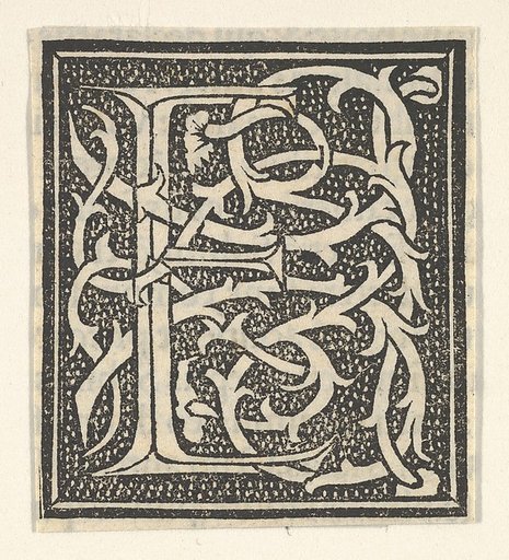 Initial letter E on patterned background