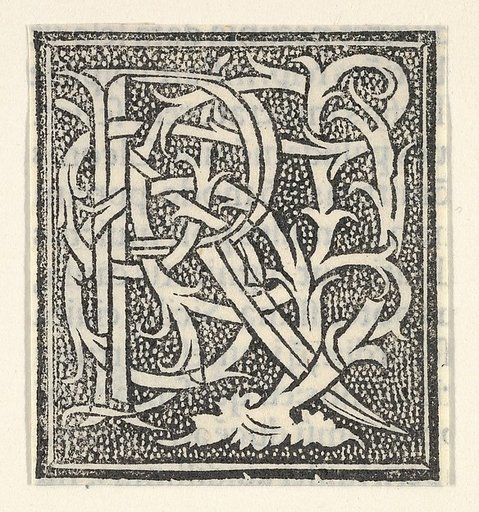 Initial letter R on patterned background