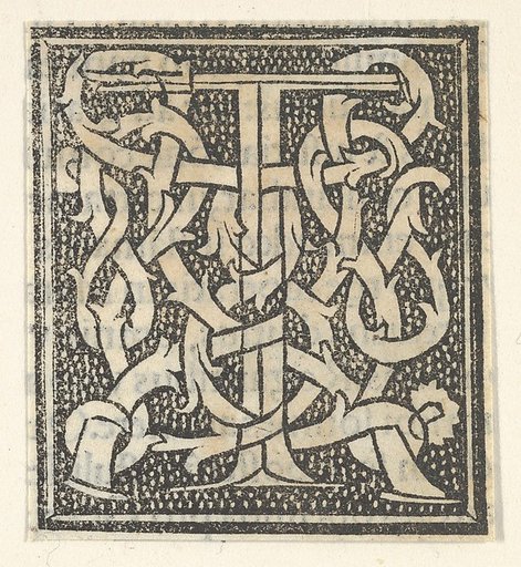 Initial letter T on patterned background