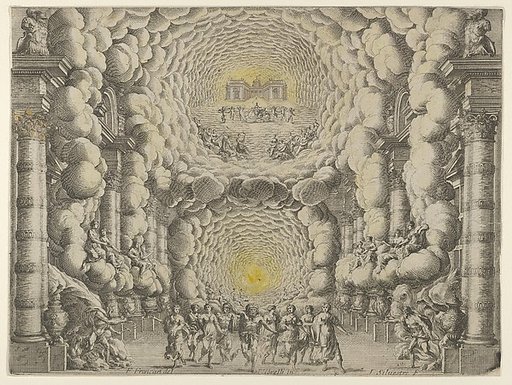 Design for a theater set created by Giacomo Torelli da Fano for the ballet 'Les Noces de Thétis', from 'Décorations et machines aprestées aux nopces de Tétis, Ballet Royal'