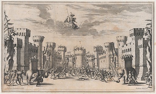 A city under siege with elephants and soldiers throughout; Mars looking down from above; set design from 'Il Pomo D'Oro'
