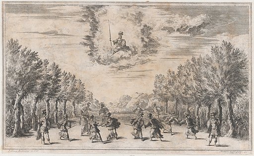 Marsh of Triton; figures battling as Minerva looks on from above; set design from 'Il Pomo D'Oro'