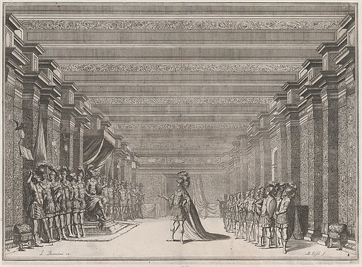 Throne room with a man in classical armor standing at center addressing a man seated on a throne at left; soldiers lined on either side of the room; set design from 'Il Fuoco Eterno'