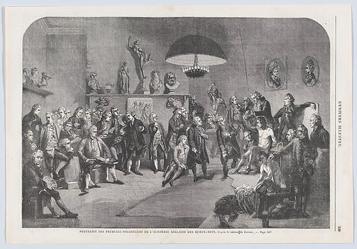 Portraits des premiers fondateurs de l'Académie Anglaise des Beaux-Arts (Portraits of the founding members of the Royal Academy of Arts, London), from "L'Univers Illustré"